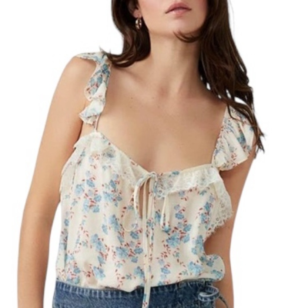 Free People White and Blue Ruffled Camisole Bodysuit